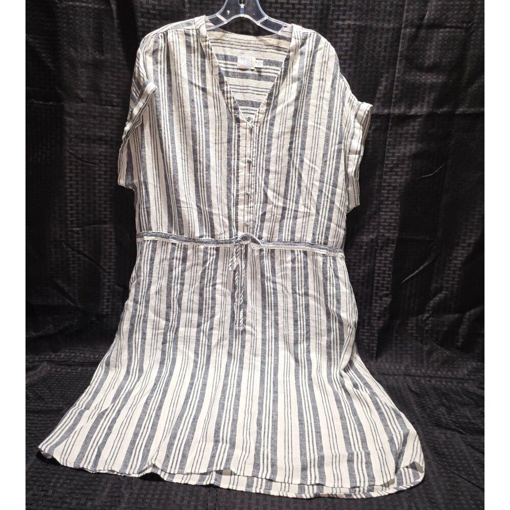 Time and Tru Blue White Striped Linen Blend Cinch Waist Dress Casual XL